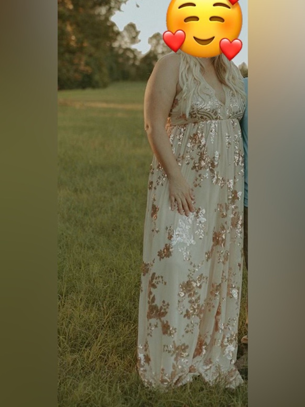 Southern Fried Chics -Women's Sequined Floral Maxi Dress in Champagne